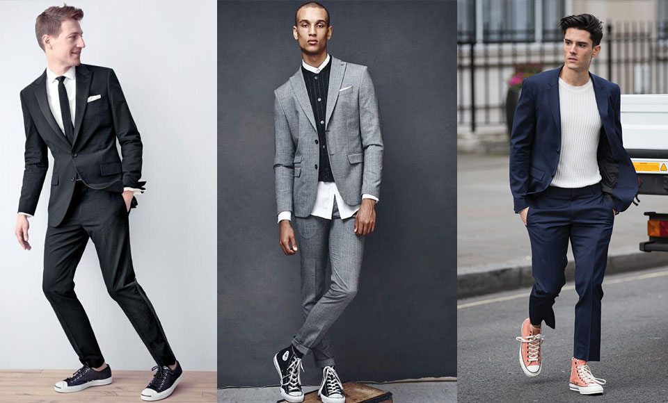 suit and sneakers look