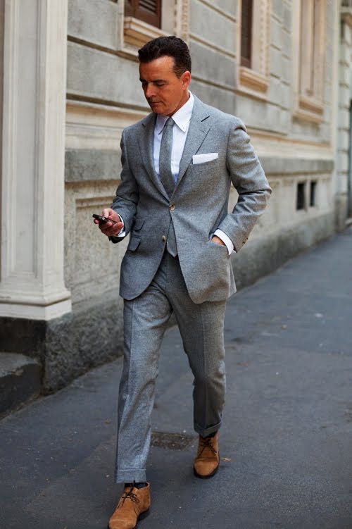 grey suit white shoes