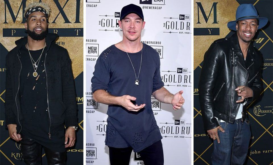 Three men - including Diplo - wearing hats with their nightclub outfits.