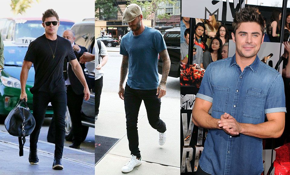 Zac Efron and David Beckham wearing tees and single layers.