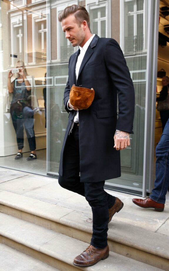david beckham brown boots black trousers black coat mens street style