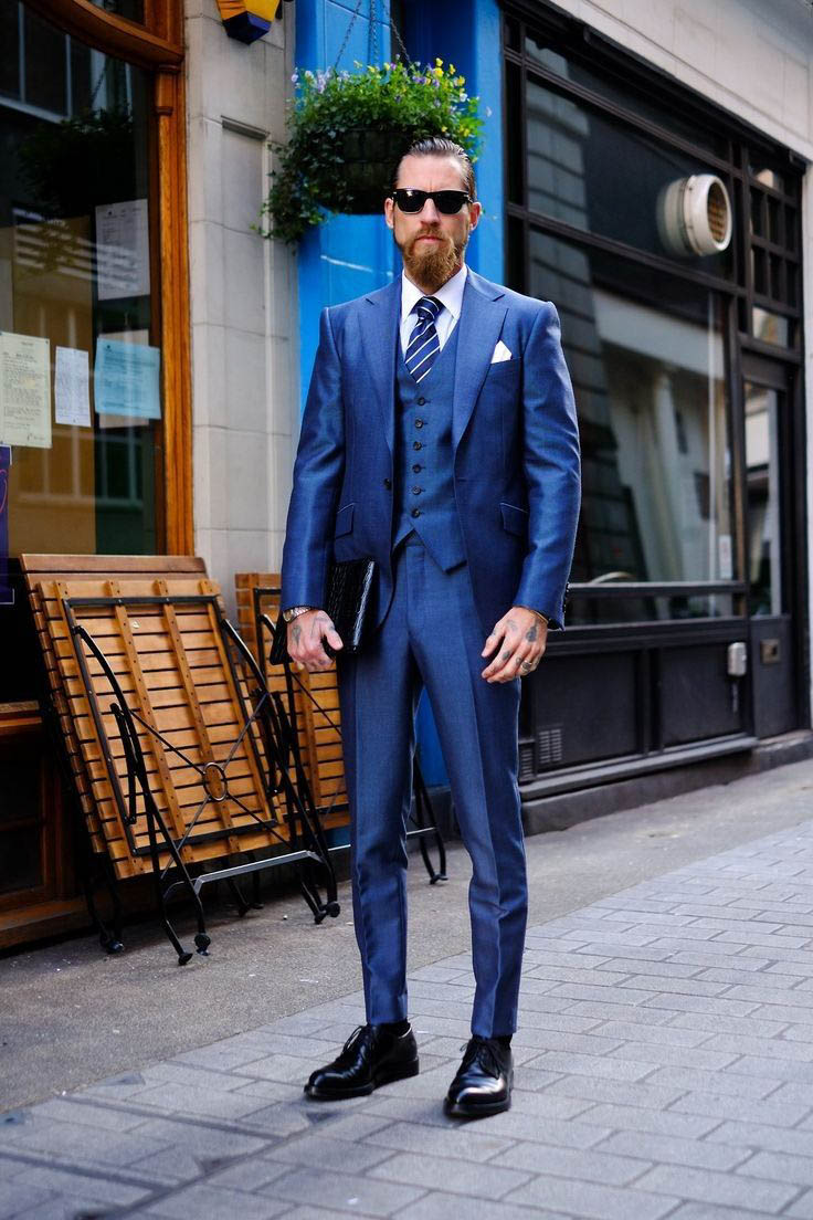 royal blue suit with black shoes