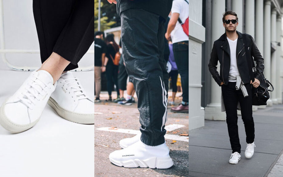 Premium Photo  Male legs in black pants and white casual sneakers mens  fashionable shoes