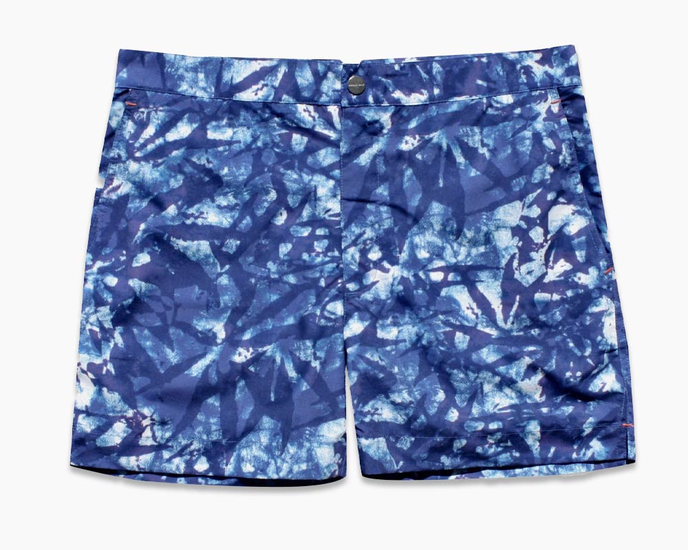 Mocha Salt swim shorts in blue and white patterned design