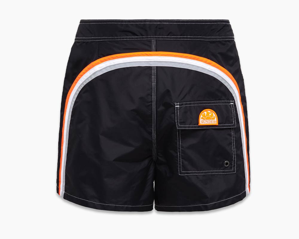 Sundek swim shorts in black with stripe across back