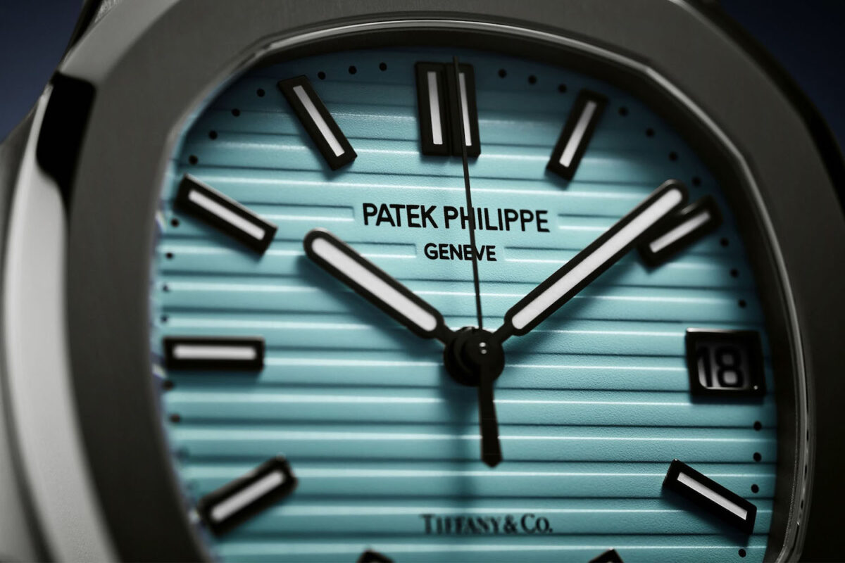 A Patek Philippe Nautilus with a Tiffany Blue, Tiffany-stamped dial.