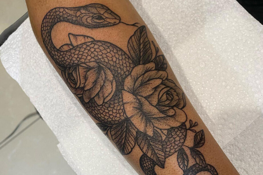 Romans Eight  Tattoo Parlour Newcastle  This snake and flower thigh piece  done by busyspider at our BELMONT Shop  EMAIL  bookingsromanseightcomau to make your booking today  snaketattoo  flowertattoo tattoo 