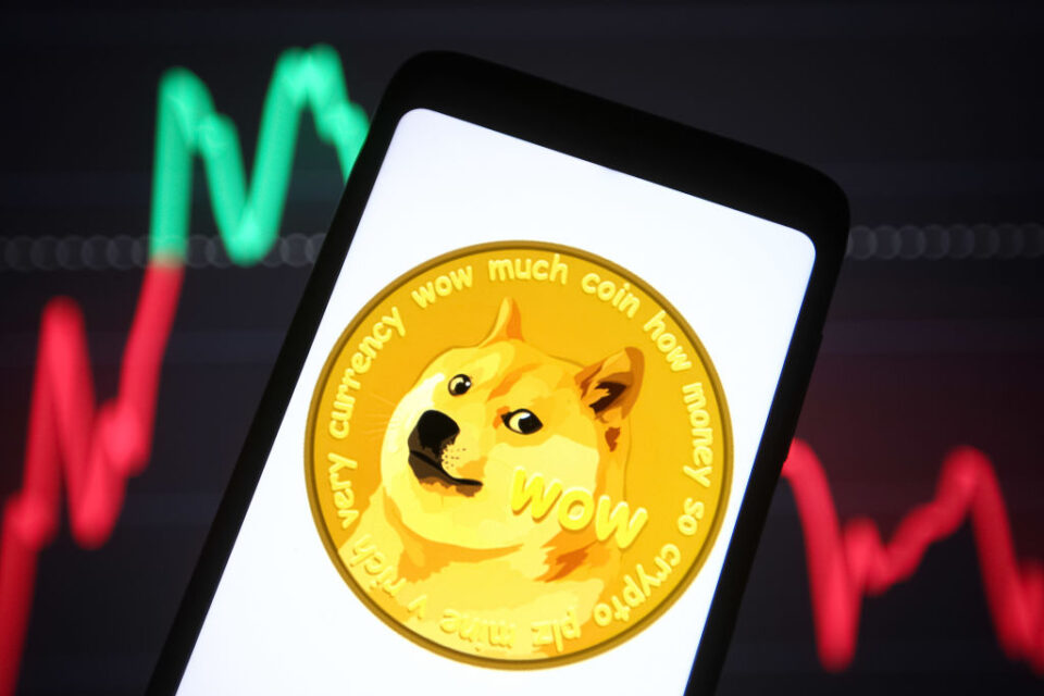 Dogecoin on a smartphone screen in front of trading chart with red and green lines.
