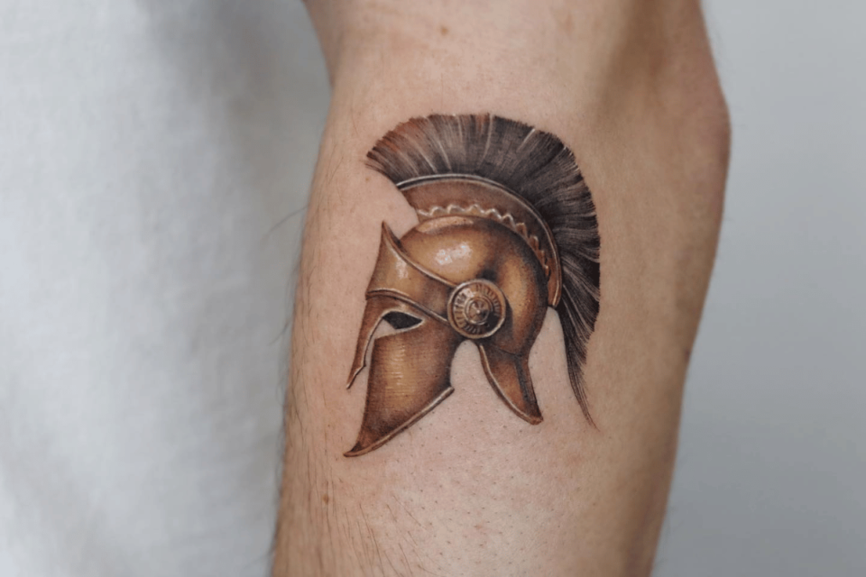 Roman Gladiator Helmet Small Tattoo Source @mumi_ink via Instagram