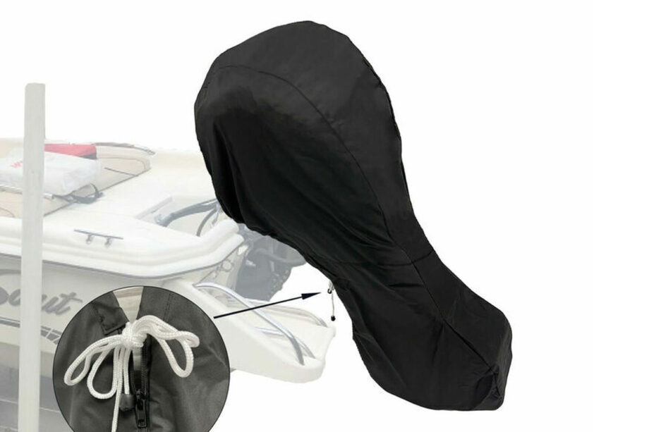 Image of a black outboard boat motor cover being shown how it covers up the motor
