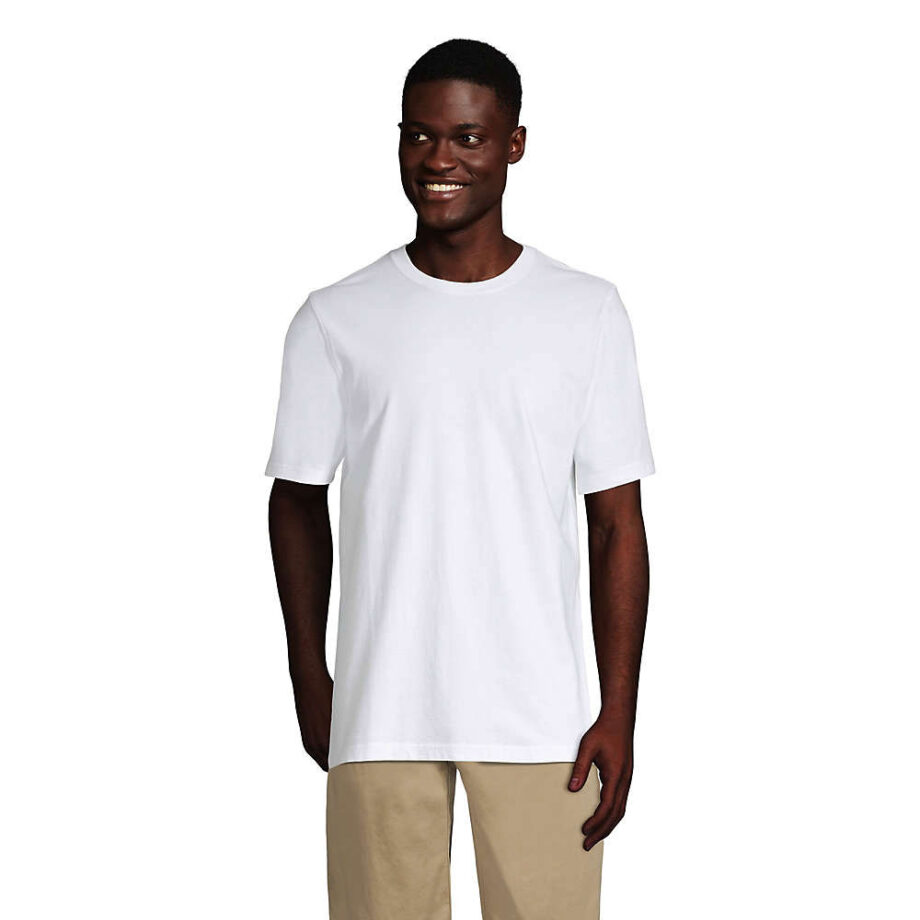 Black man wearing a Lands' End tall white t-shirt with khaki chinos