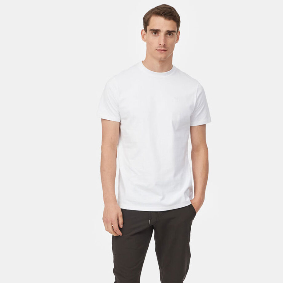 Light-skinned, dark-haired man wearing a tentree white organic cotton t-shirt