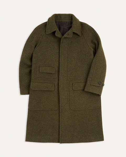 Drakes Green Donegal Wool Twill Raglan Coat