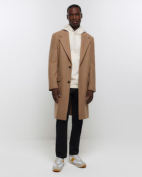 RiverIsland Brown Regular Fit Wool Blend Longline Coat