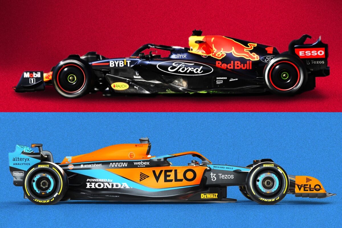 A mock-up of a Red Bull Formula 1 car with Ford livery, and a McLaren car with Honda livery.