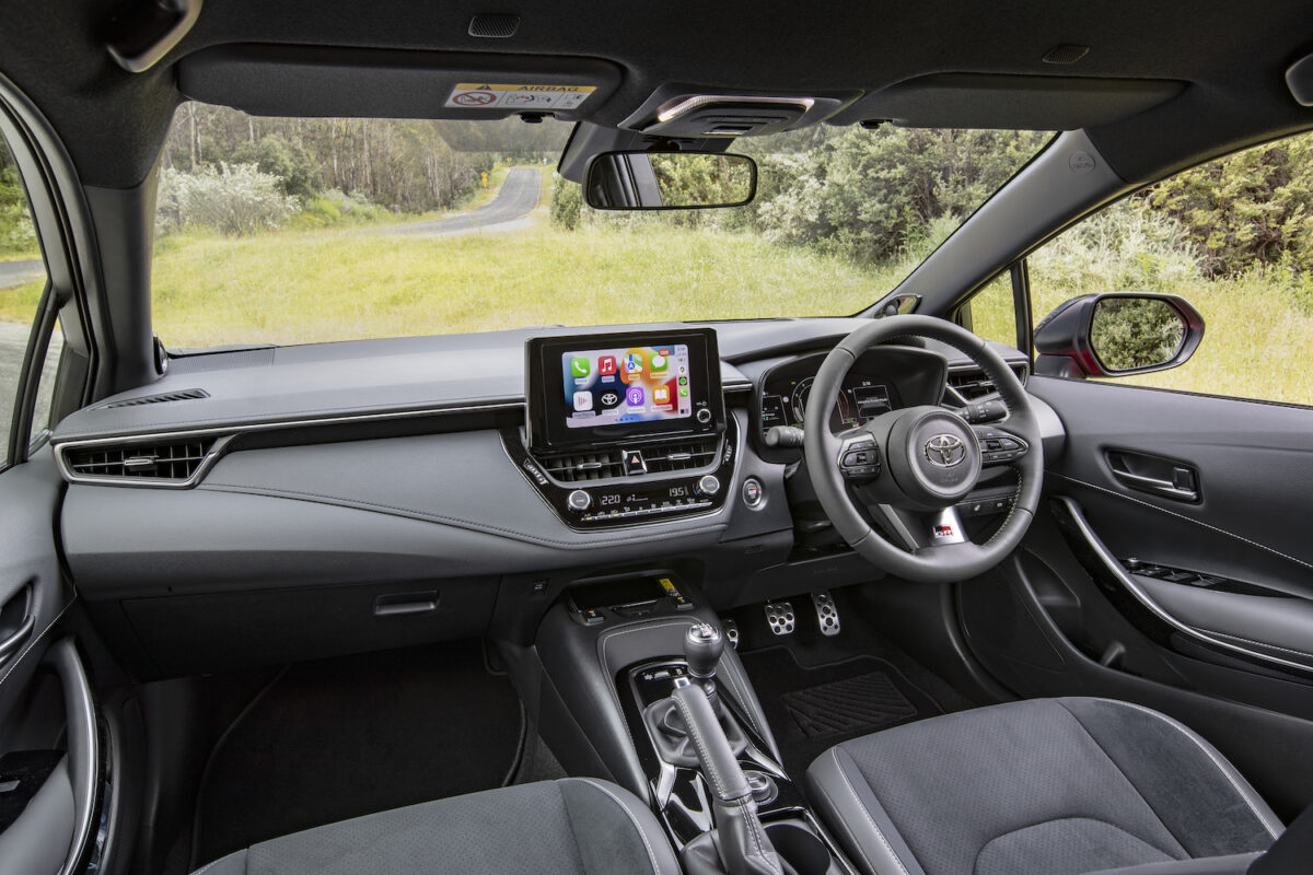 The interior of a Toyota GR Corolla.