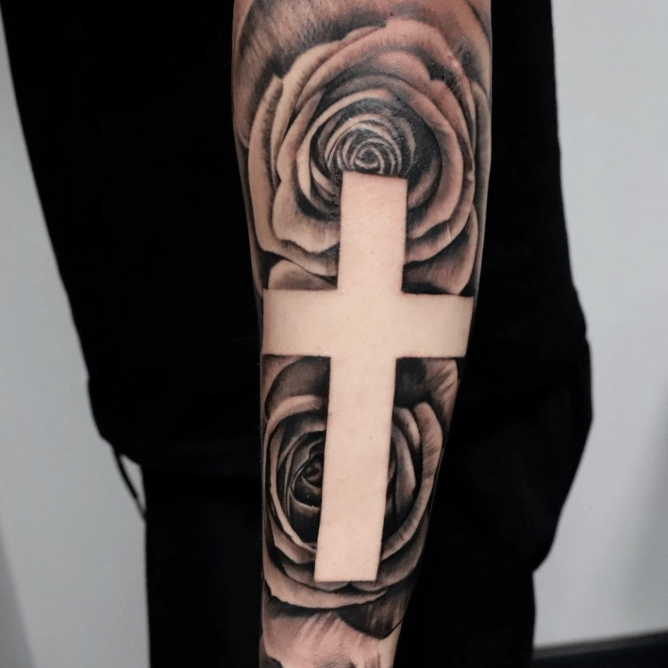 Cross Rose Tattoo Source @smiley_ink via Instagram