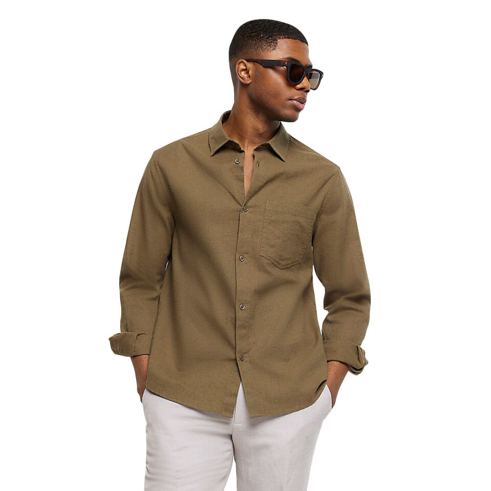 Khaki Regular Fit Linen Blend Shirt