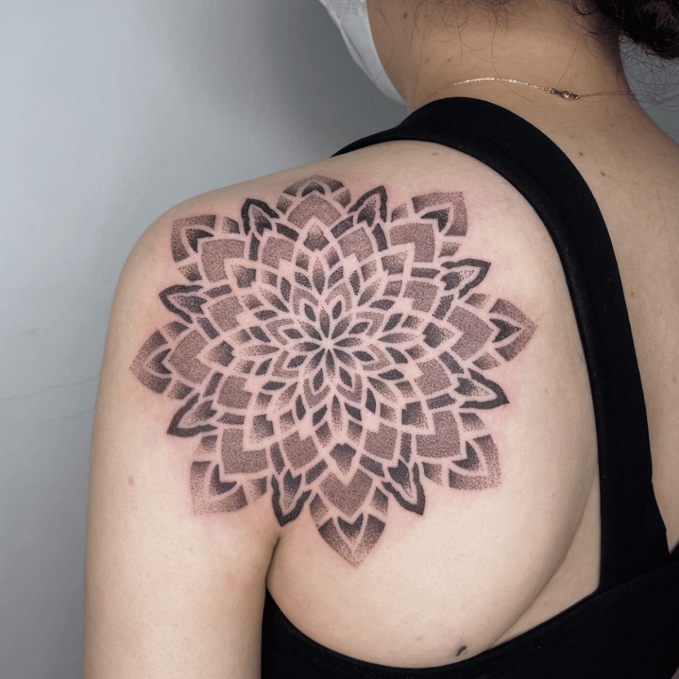 Mandala Shoulder Tattoo Source @blackdot.tattoos via Instagram