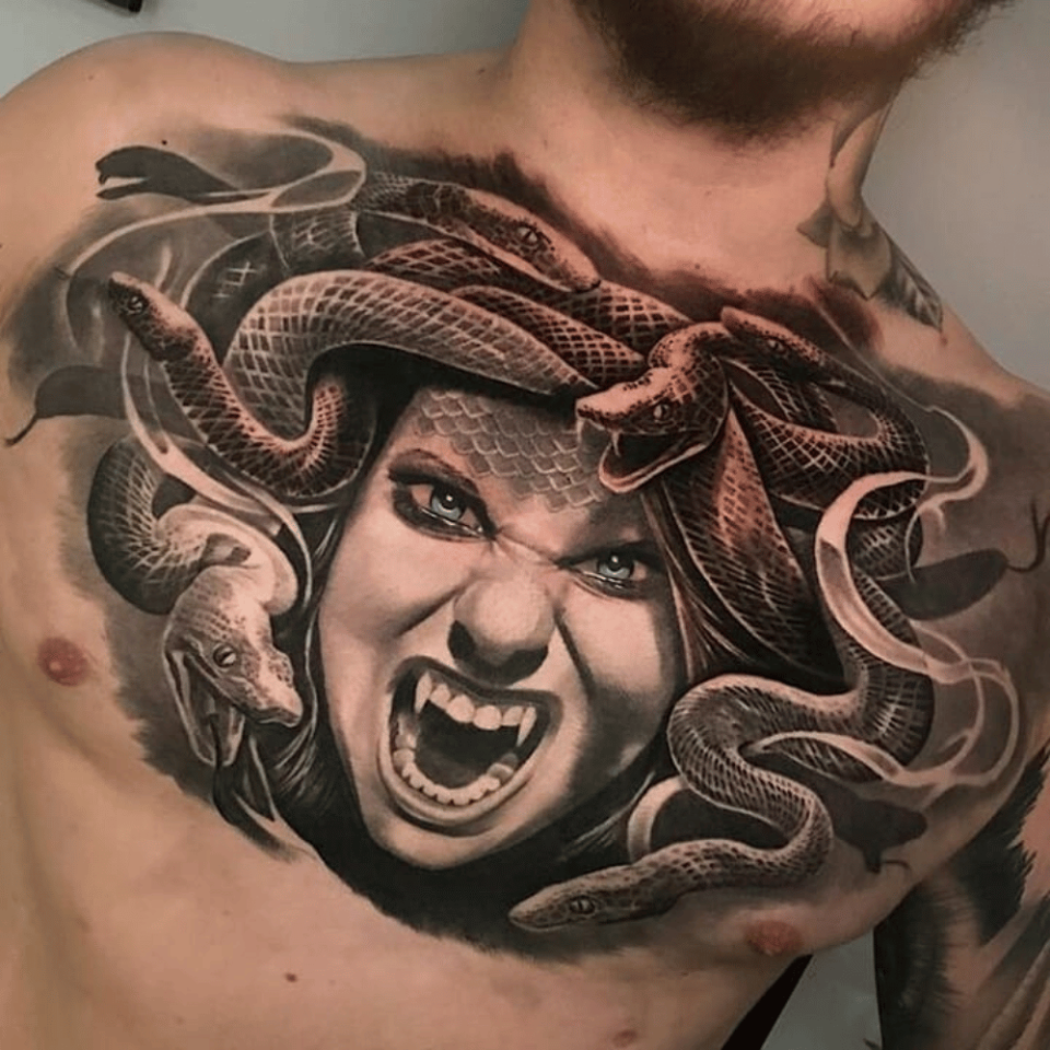 Medusa Chest Tattoo Source @beyondtheillusiontattoo via Instagram