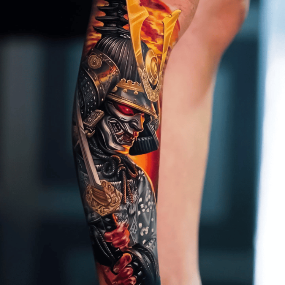 Samurai Leg Tattoo Source @japanese.ink via Instagram