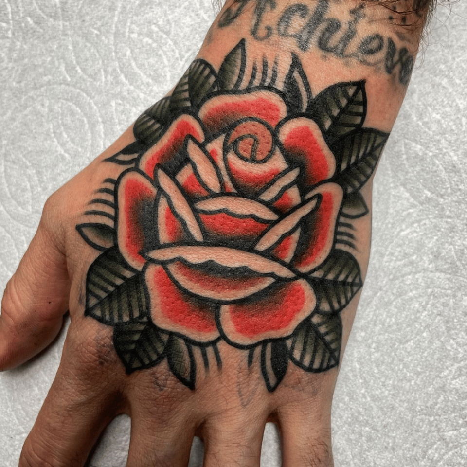Traditional Rose Tattoo Source @jordanallentattoo via Instagram