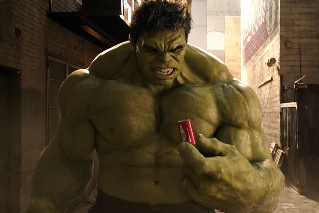 The Incredible Hulk holding a can of Coke.