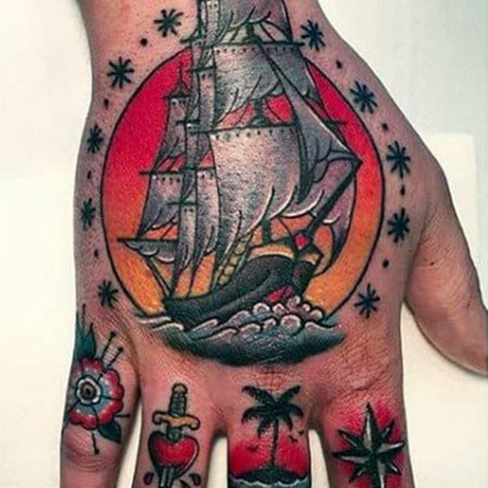 pirate ship hand tattoo