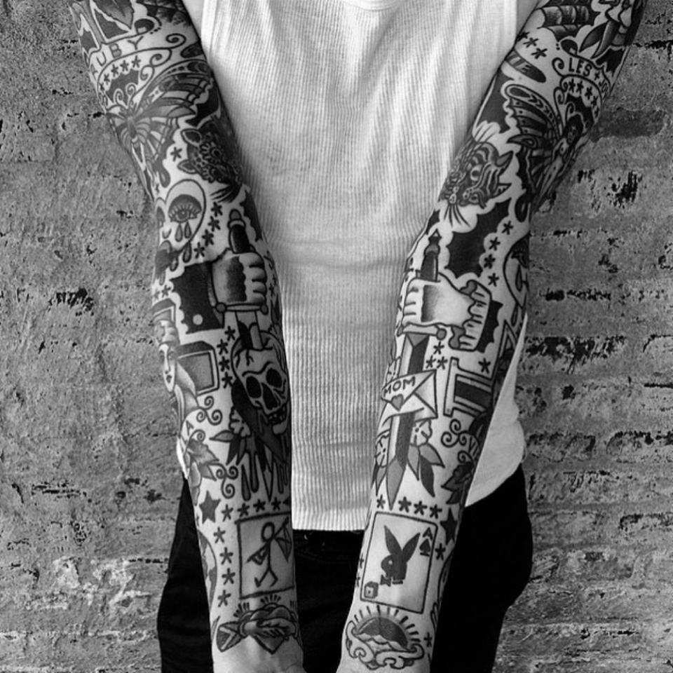 Black and White Sleeve Tattoo Source @dan_santoro via Instagram