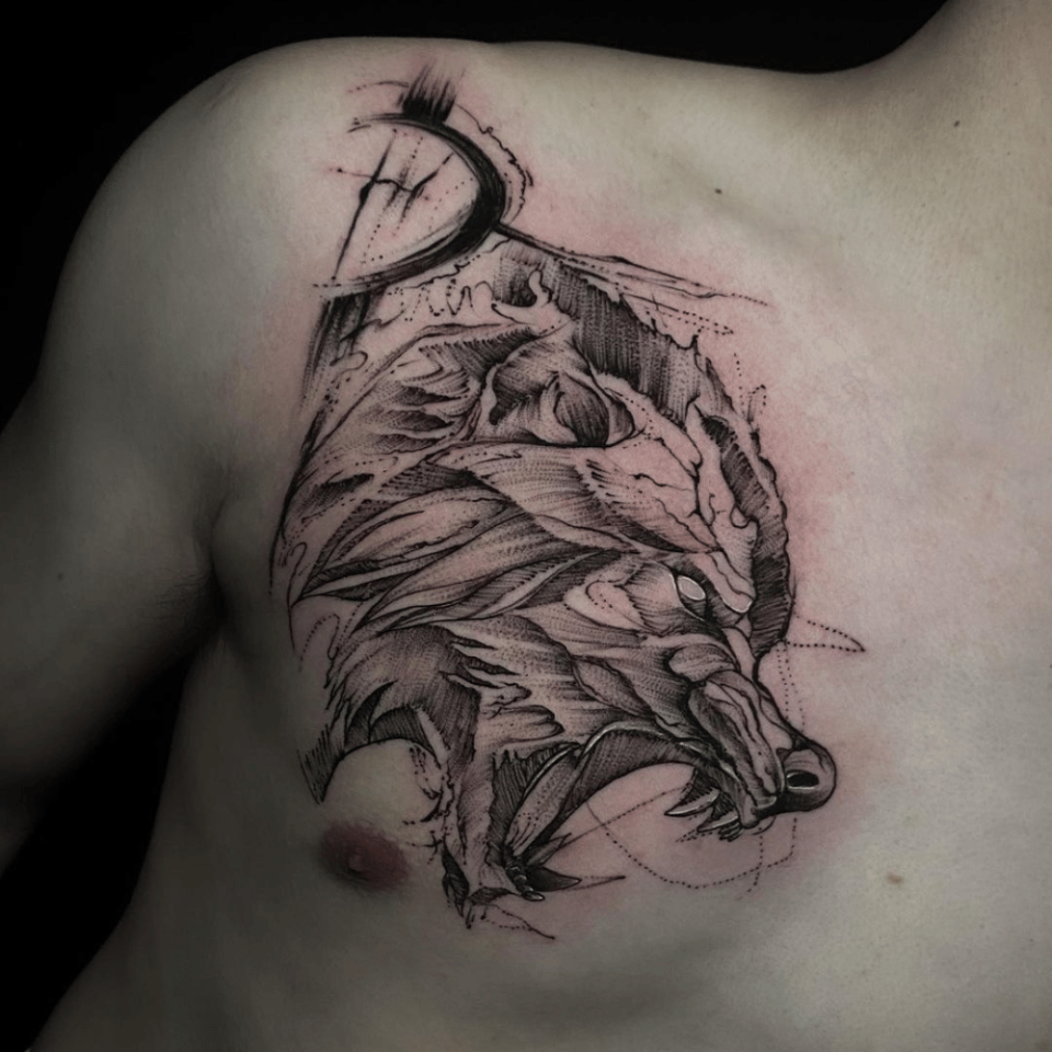 Blackwork Wolf Tattoo Source @hendricshinigamibali via Instagram