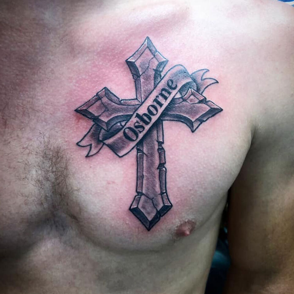 Chest Cross Tattoo Source @syndicatetattoomhk via Instagram