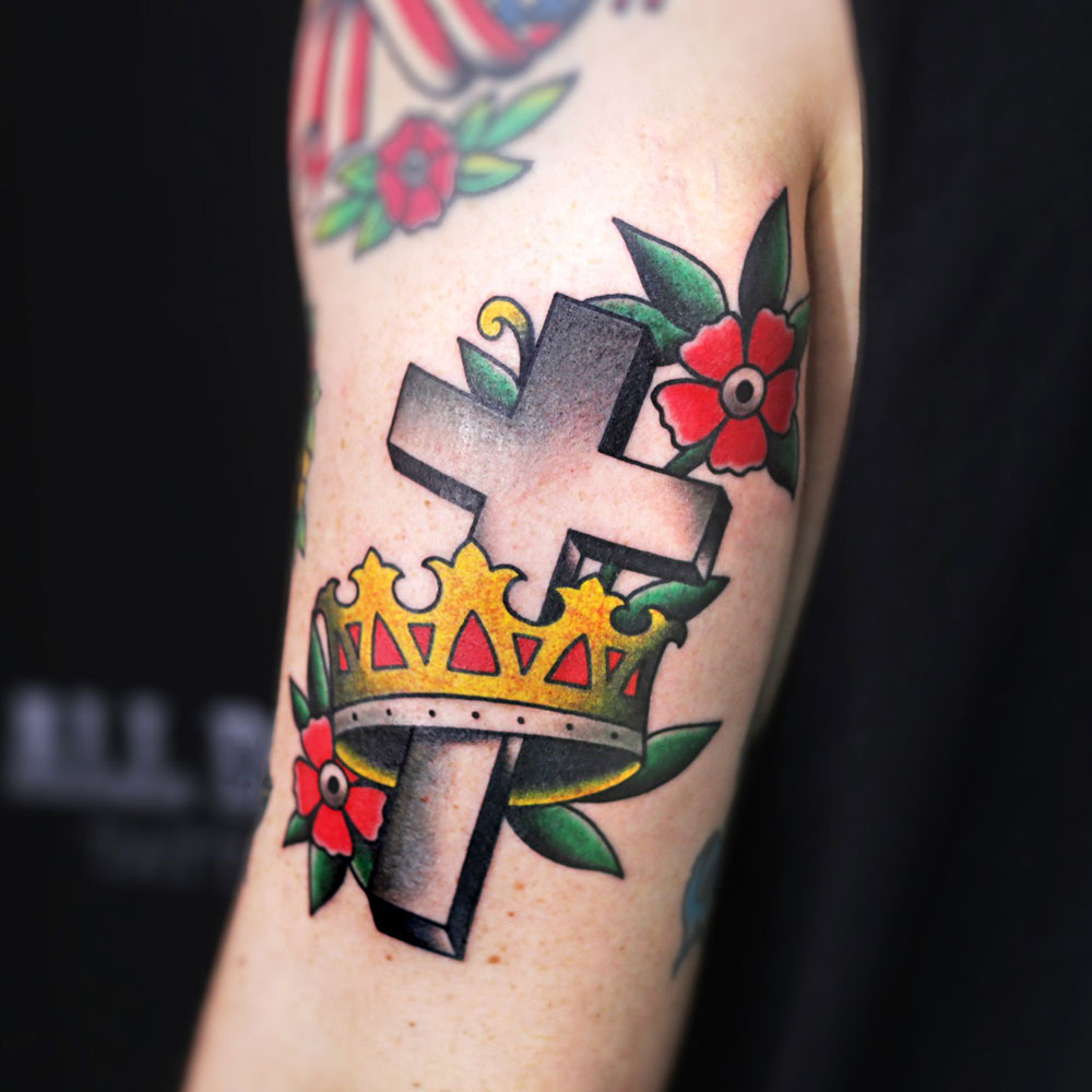 Crown Cross Tattoo Source @alldaytattoobkk via Instagram