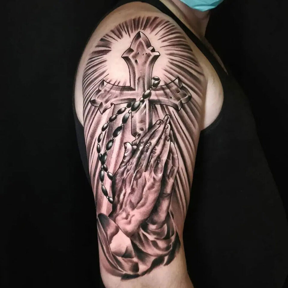 Folded Hands Cross Tattoo @vasilisdimopoulos_tattooer via Instagram