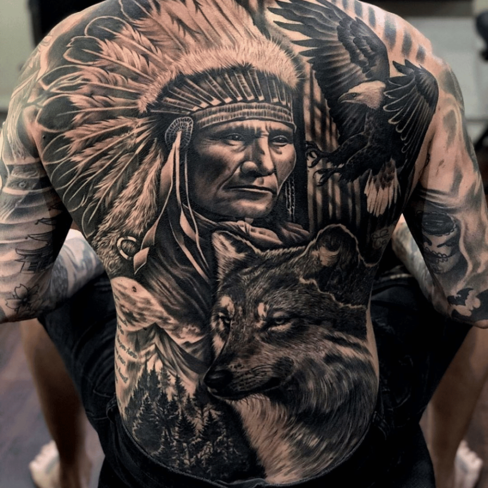 Native American Wolf Tattoo Source @po_tattoo_ via Instagram