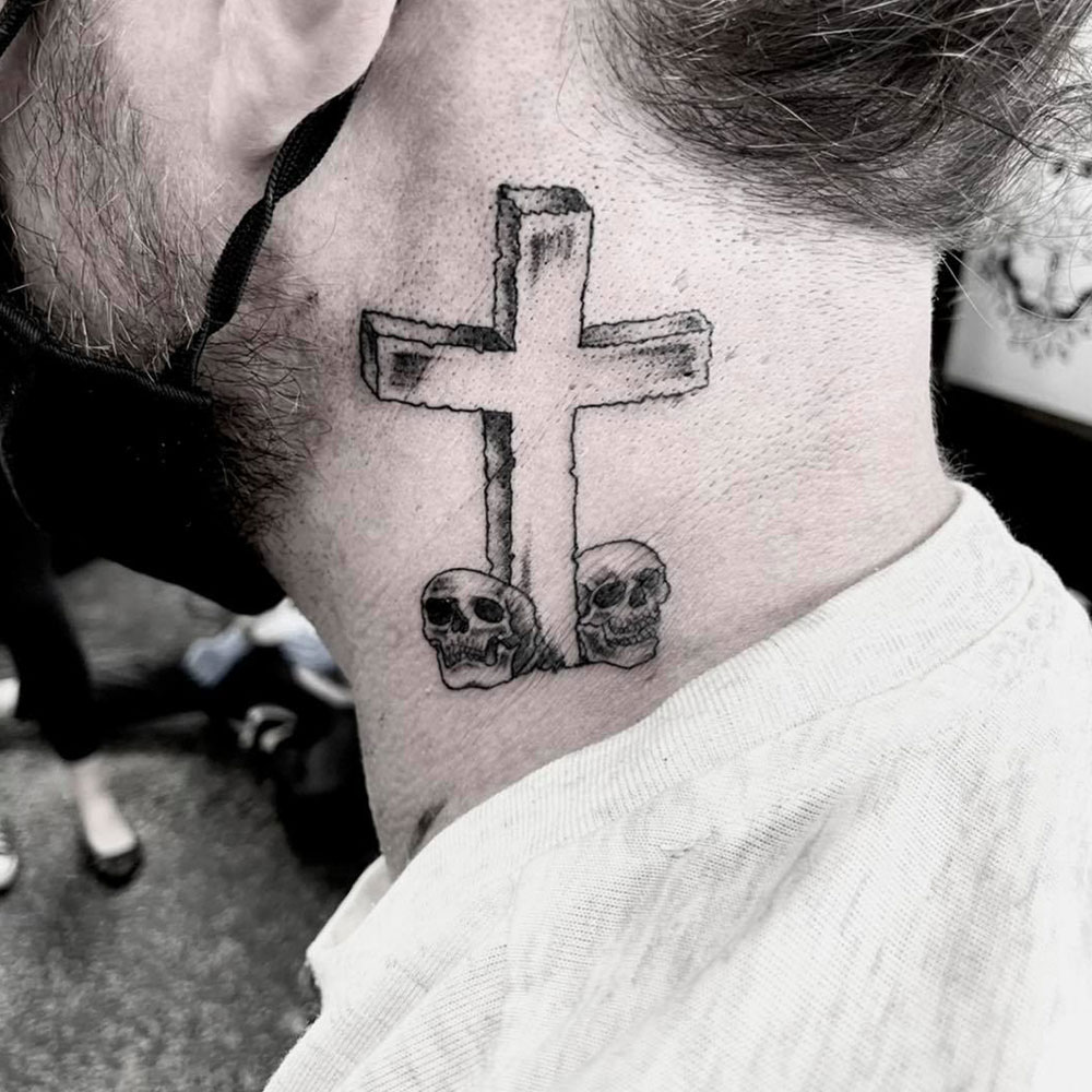 Neck Cross Tattoo Source @elixir_ink via Instagram