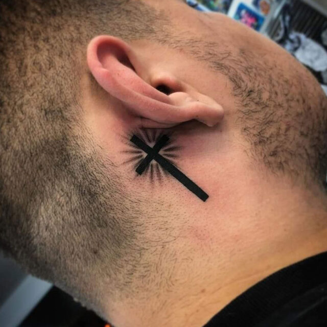 Behind The Ear Cross Tattoos