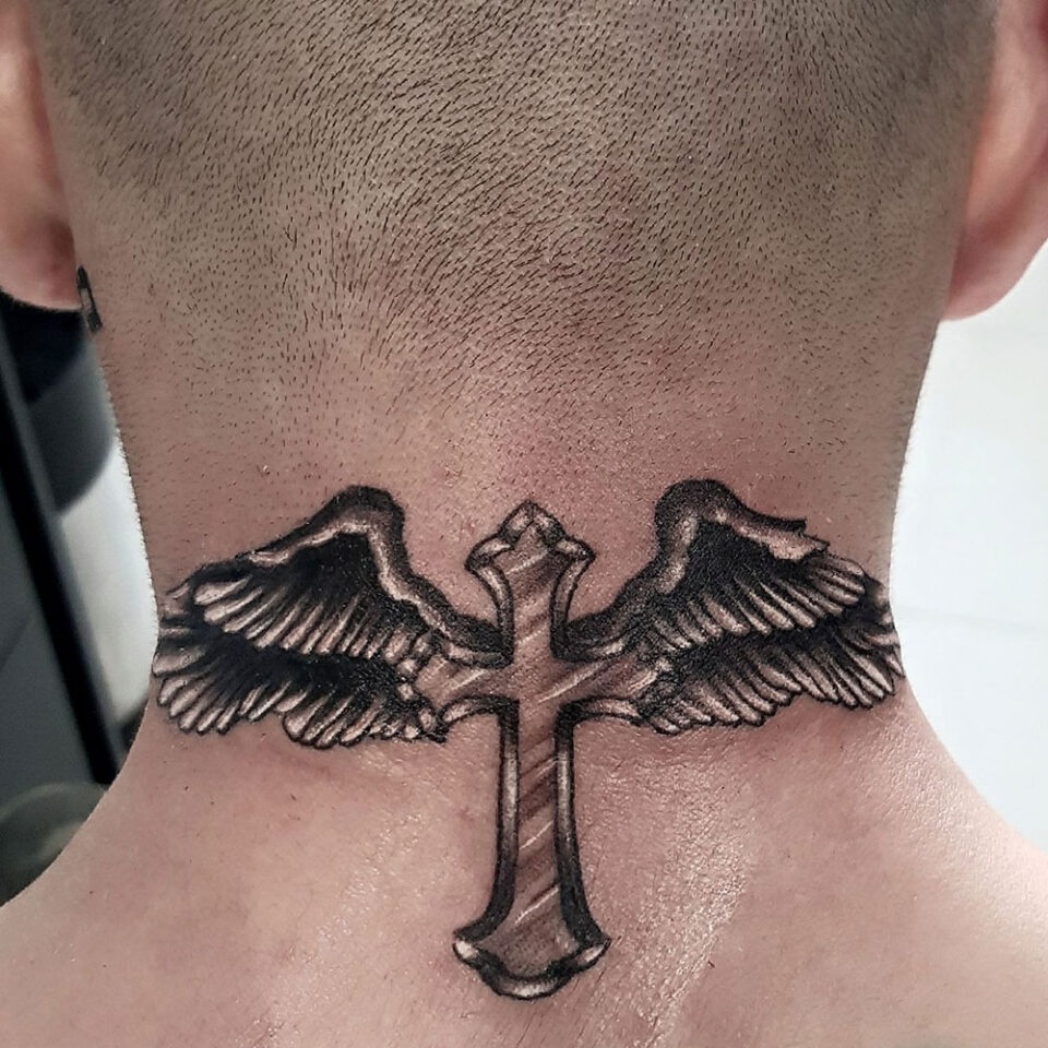 Neck Cross Tattoo Source K.A INK Tattoo Studio via Facebook