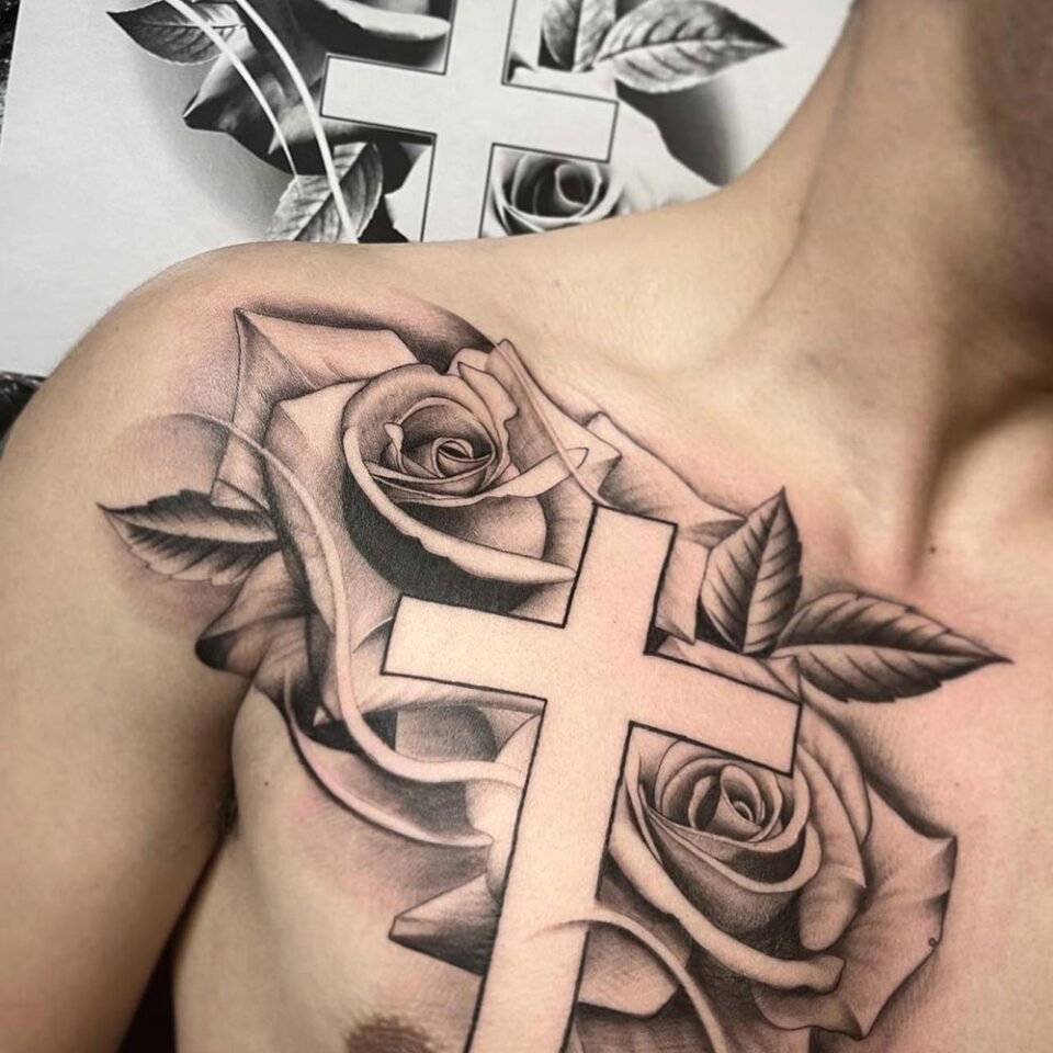Rose Cross Tattoo Source @jorgehernandez_ink via Instagram