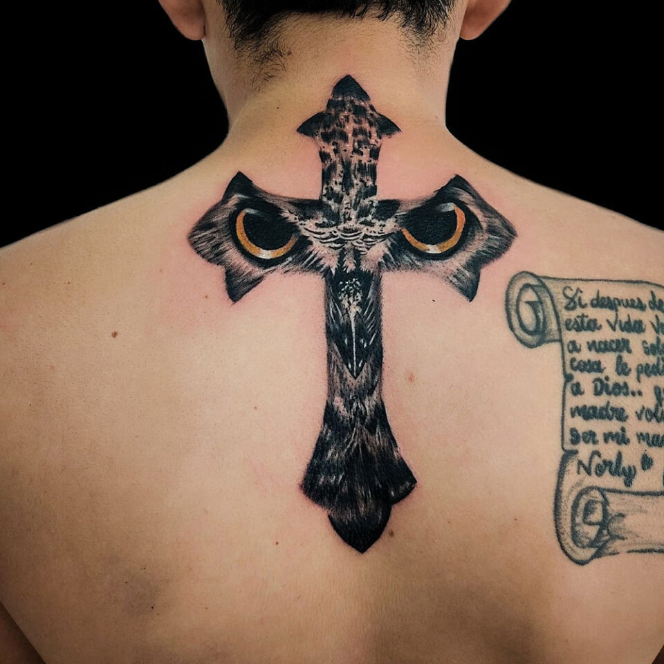 Shoulder Cross Tattoo Source @fatcat_ink via Instagram