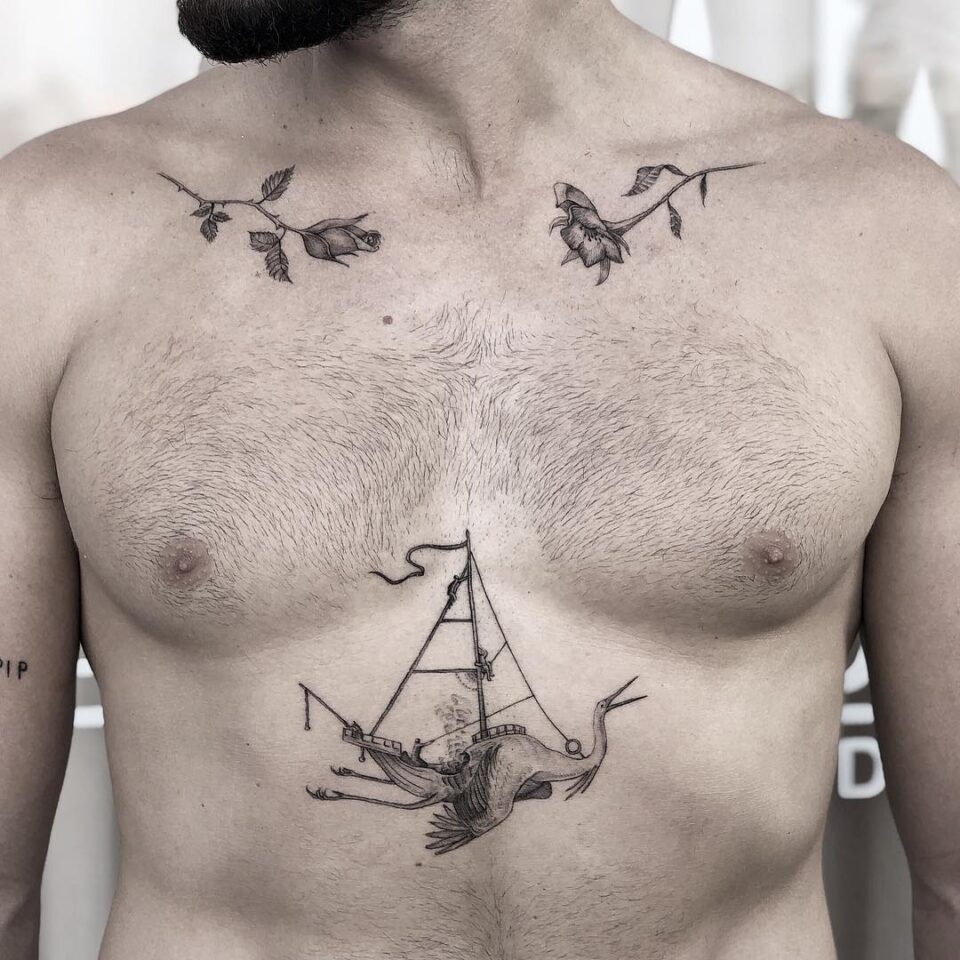 Small Chest Tattoo Source @pilgrimtattoo_bali via Instagram