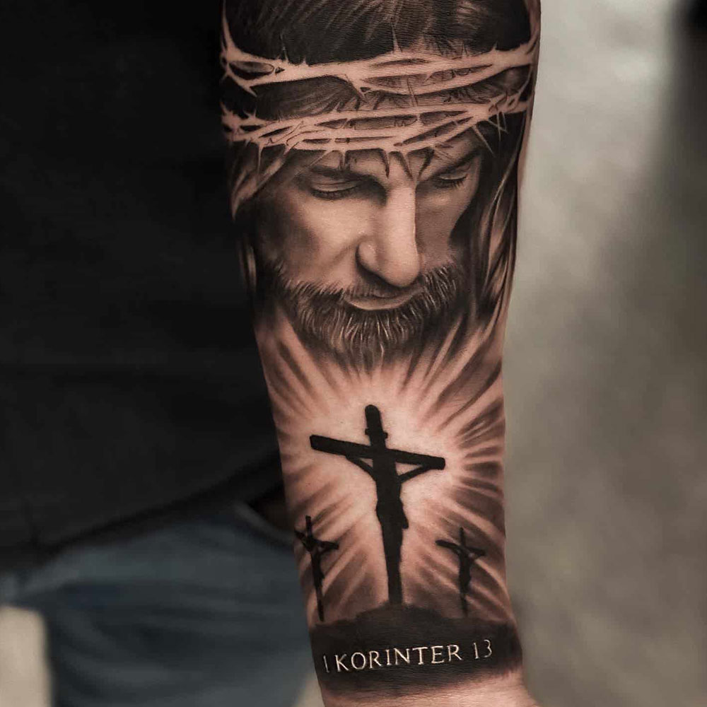Three Cross Tattoo Source @emanuelpolotattoo via Instagram