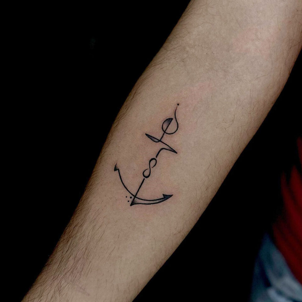 Anchor With Rope Single Line Tattoo Source @redrose___tattoostudio via Instagram