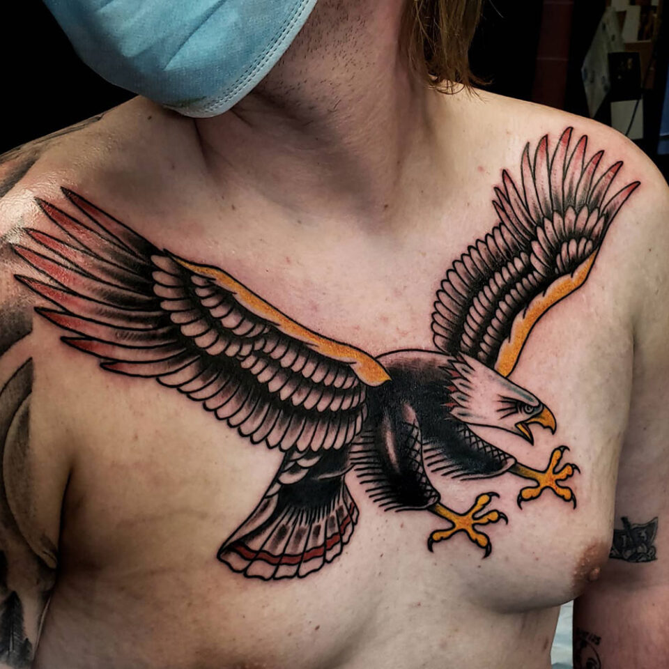 Bald Eagle tattoo with beak open in mid-flight Source @tattoobeetle via Instagram