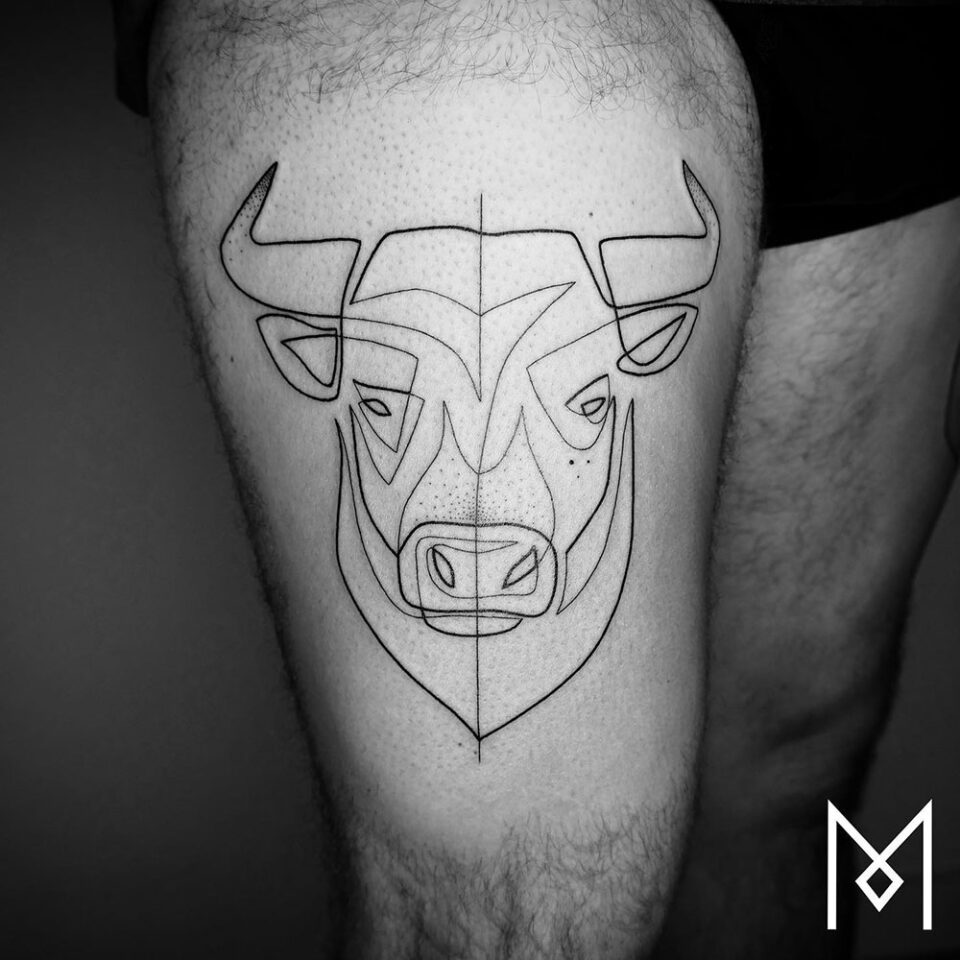 Bull Head Single Line Tattoo Source @moganji via Instagram