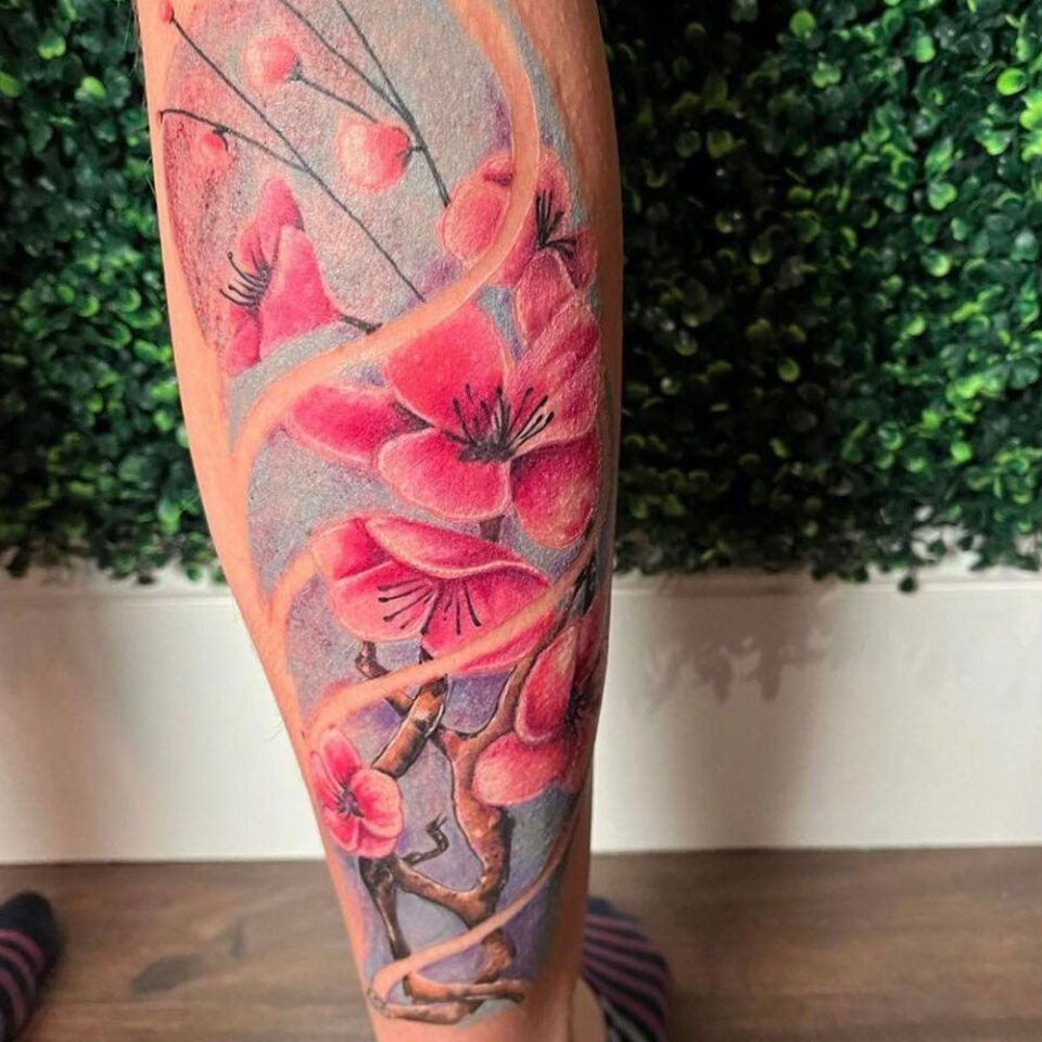 Cherry blossom floral tattoo sourced via IG @green_fox_tattoo