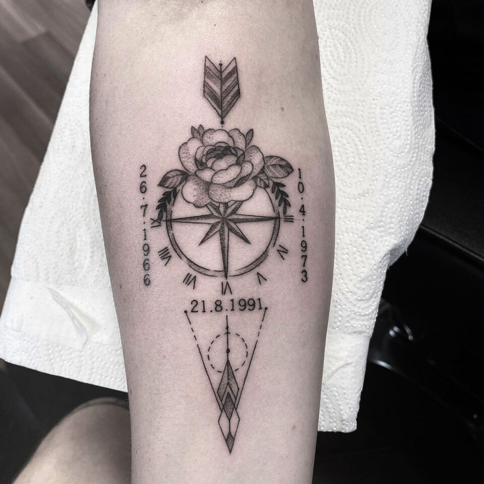 Compass Rose Single Line Tattoo Source @tomstattooeckla via Instagram