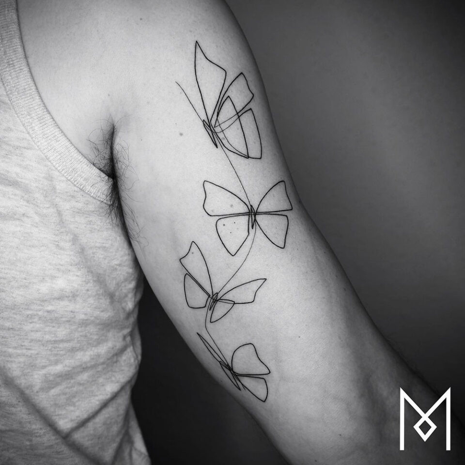 Delicate Butterfly Single Line Tattoo Source @thebreakroomtattoo via Instagram