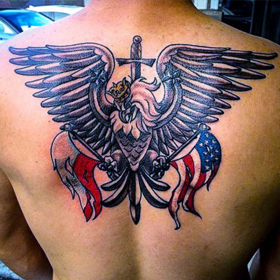 Eagle tattoo with Shield and Crossed Swords