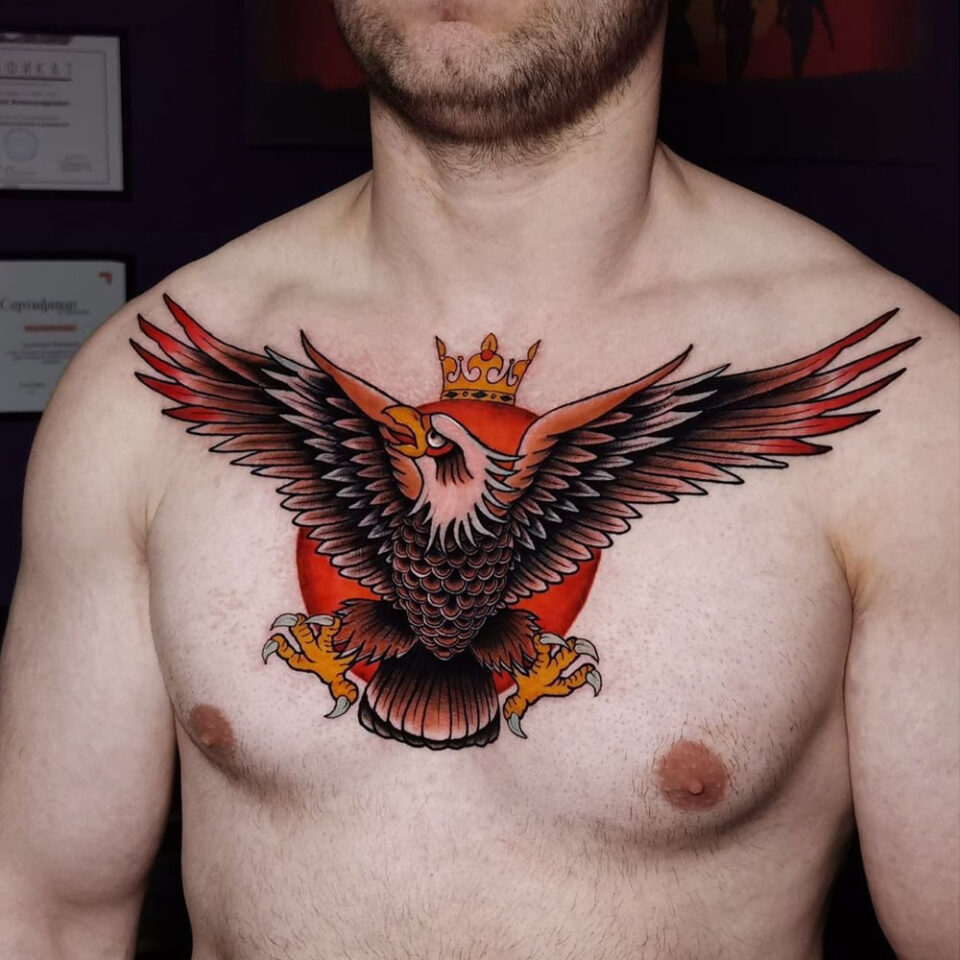 Traditional eagle on @pyraknight from @theluckyprick filling in gap time! .  . . . . . . . #tattoo #traditonaltattoo #eagletattoo… | Instagram