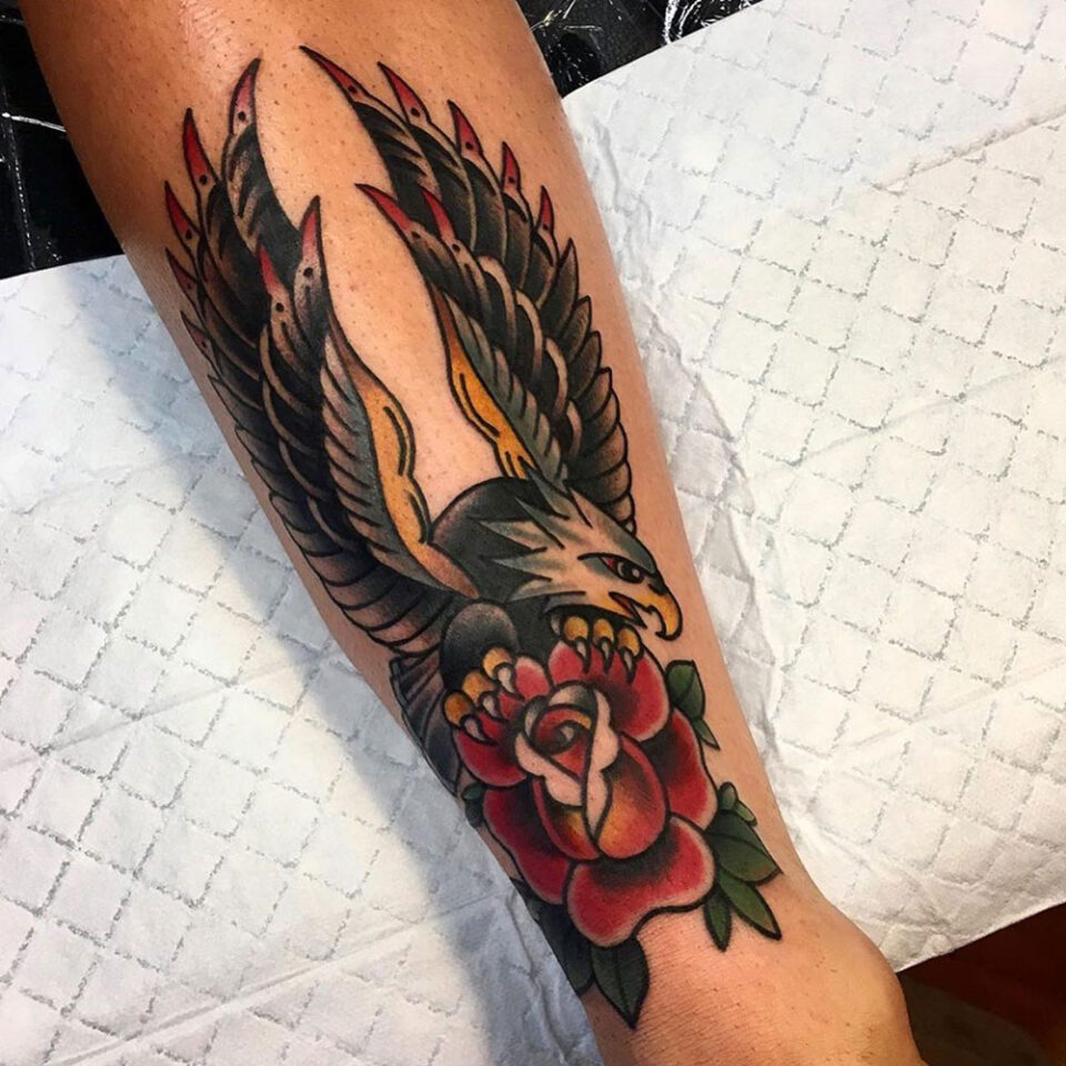Eagle with Rose Tattoo Source Mimsy's Trailer Trash Tattoo via Facebook
